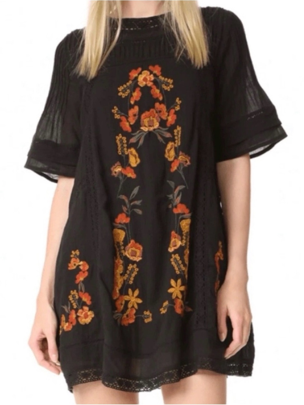 Free People Black Tunic with Orange and Gold Floral Embroidery